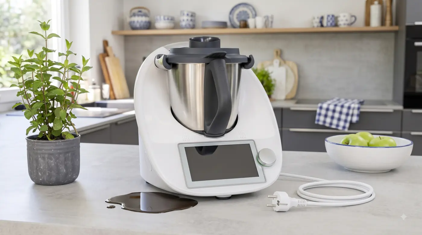 Zalany Thermomix z odłączoną wtyczką